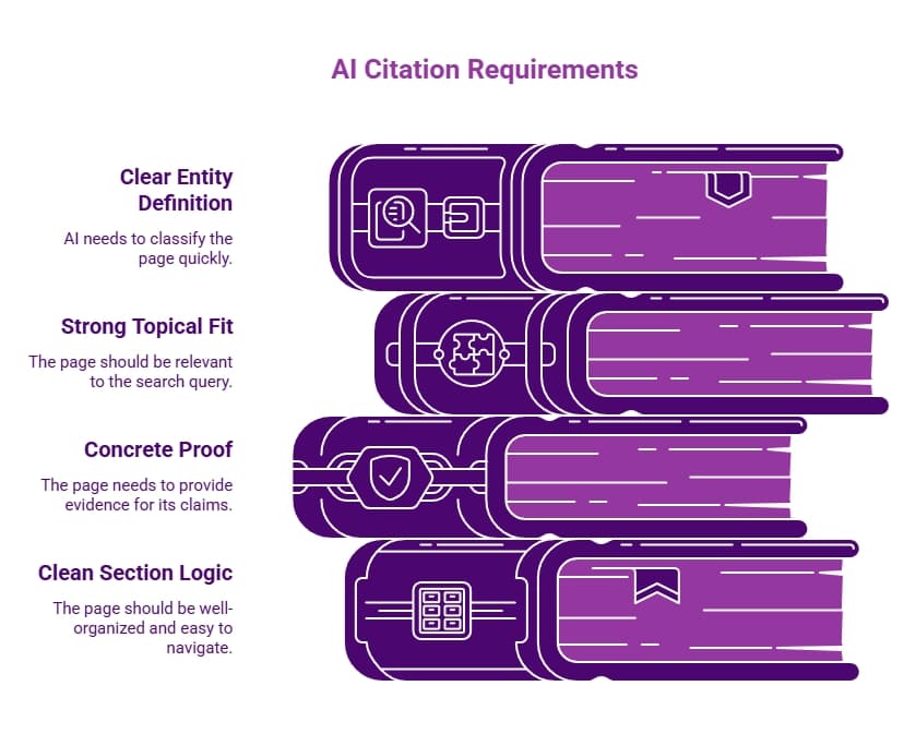 Illustration of AI citation requirements showing four stacked content layers: clear entity definition, strong topical fit, concrete proof, and clean section logic.