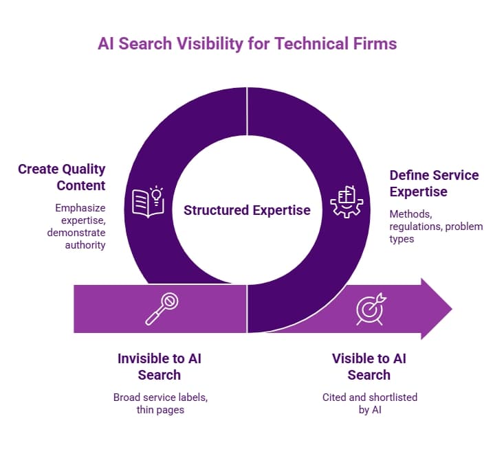 Diagram showing AI search visibility for technical firms, moving from invisible broad service pages to structured expertise, quality content, and clear service definition.