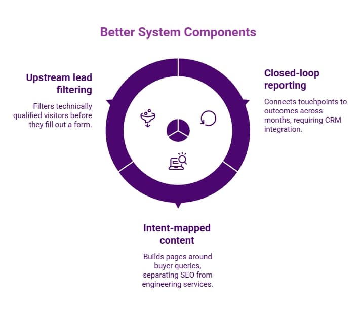 Circular diagram of better system components showing upstream lead filtering, intent-mapped content, and closed-loop reporting connected through CRM integration.