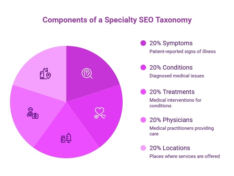Purple pie chart infographic showing specialty SEO taxonomy split evenly across symptoms, conditions, treatments, physicians, and locations for healthcare content planning.
