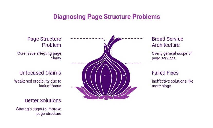 Purple infographic titled “Diagnosing Page Structure Problems,” showing an onion diagram with issues like broad service architecture, unfocused claims, failed fixes, and better solutions.