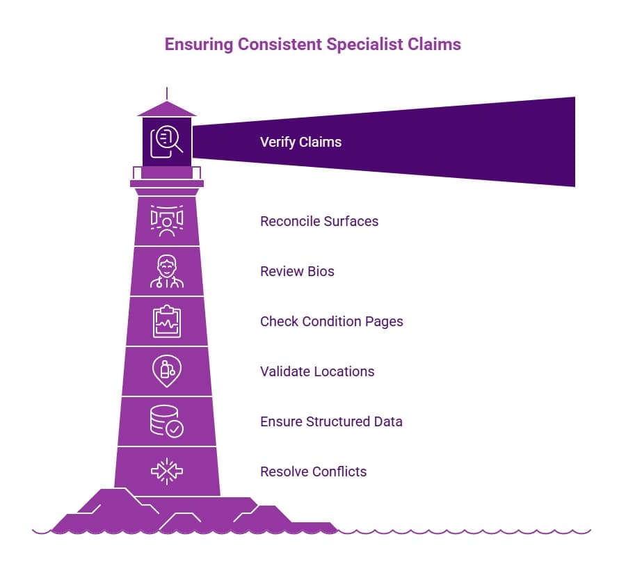 Purple lighthouse infographic showing a process for consistent specialist claims through claim verification, bio review, condition checks, location validation, structured data, and conflict resolution.