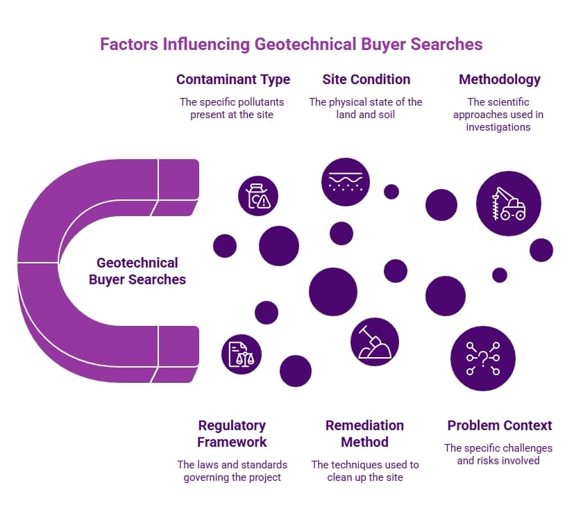 Diagram showing factors shaping geotechnical buyer searches, including contaminant type, site condition, methodology, regulations, remediation method, and context.