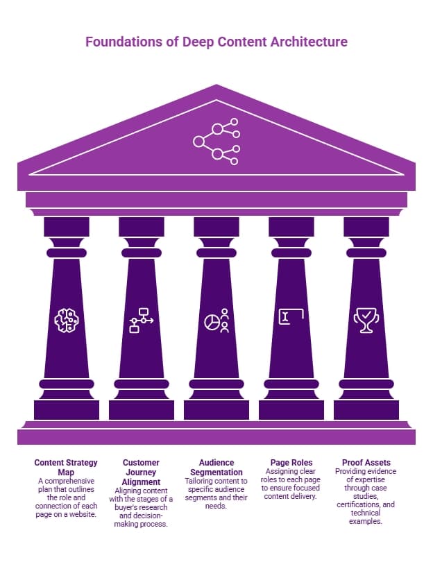 Temple-style diagram showing the foundations of deep content architecture: content strategy map, customer journey alignment, audience segmentation, page roles, and proof assets.