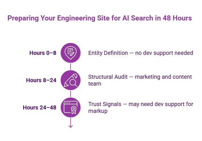 48-hour engineering AI search plan showing entity definition, structural audit, and trust signals in three stages, with limited development support needed.