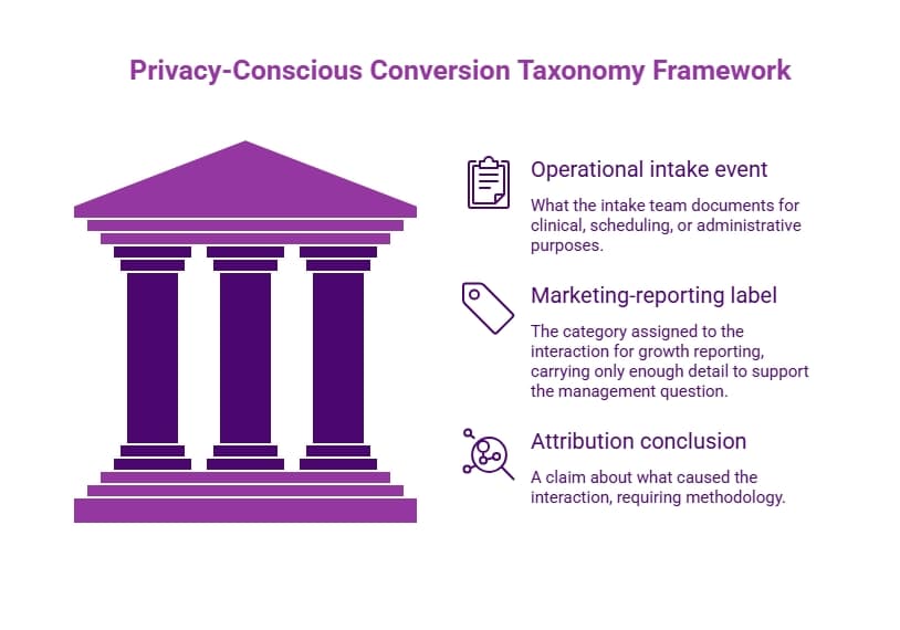 Purple privacy-conscious conversion taxonomy infographic showing operational intake events, marketing-reporting labels, and attribution conclusions with reporting boundaries.