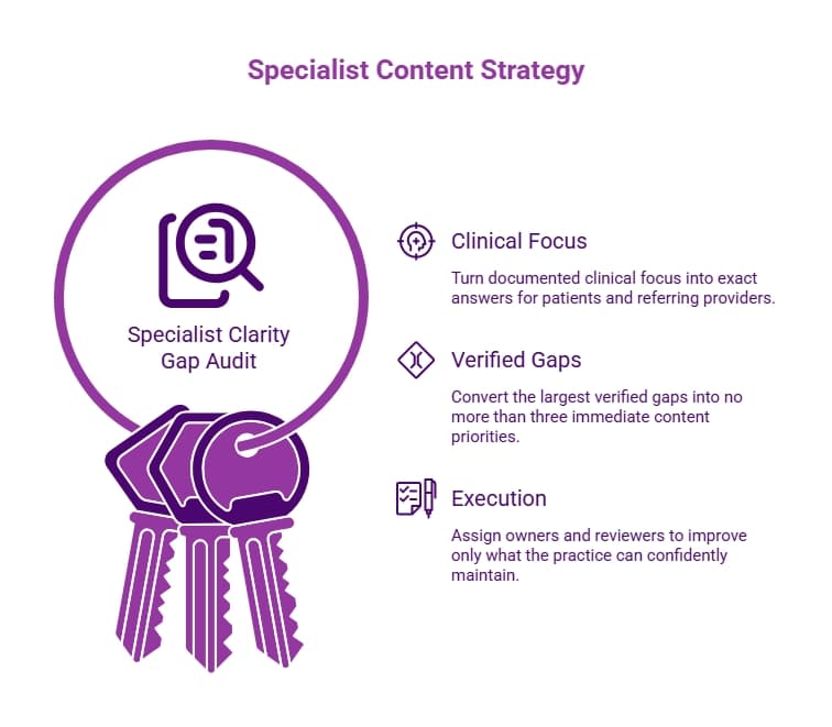 Purple specialist content strategy infographic showing clarity gap audit, clinical focus, verified gaps, and execution steps for improving specialty content.