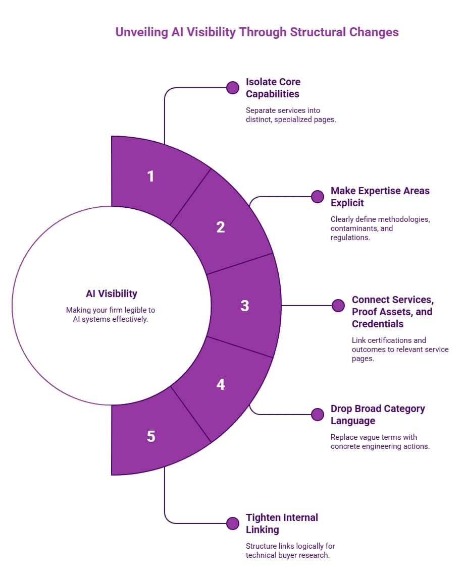 Circular diagram outlining five structural changes for AI visibility: isolate capabilities, define expertise, connect proof and credentials, drop broad language, and tighten links.