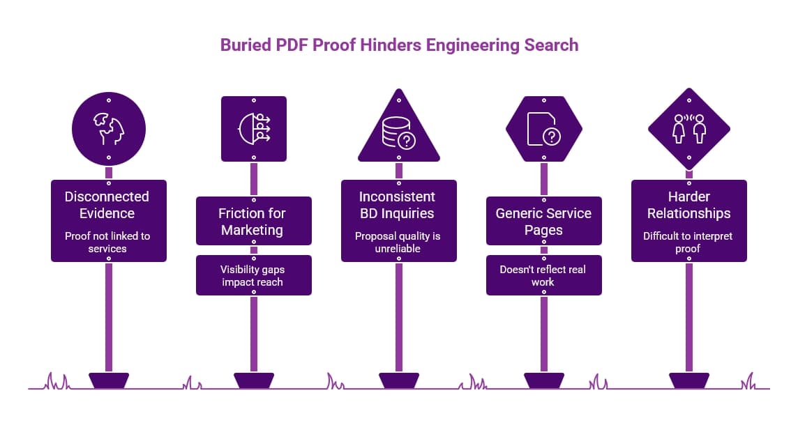 Purple infographic titled “Buried PDF Proof Hinders Engineering Search,” showing disconnected evidence, marketing friction, inconsistent BD inquiries, generic service pages, and harder relationships.