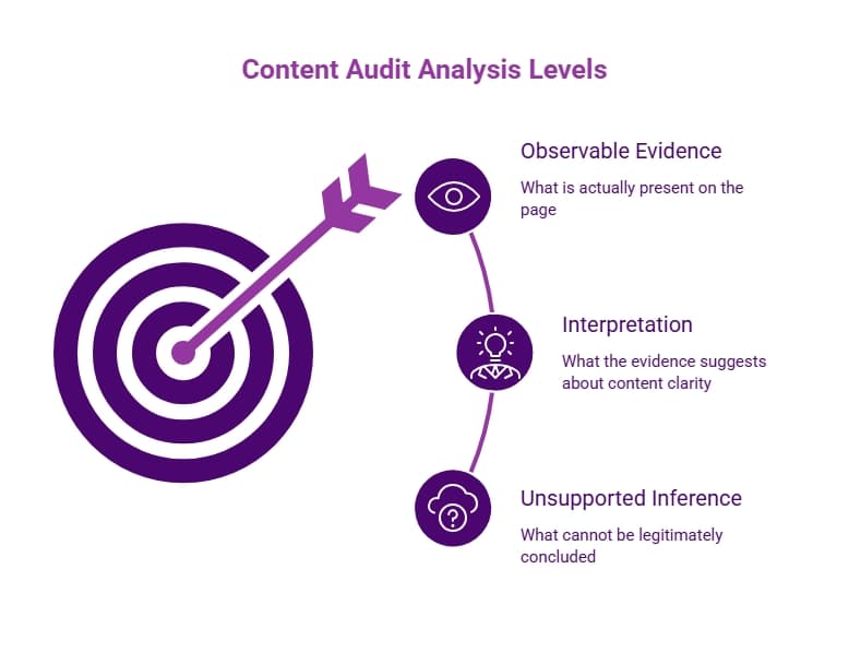 Purple target infographic showing content audit analysis levels: observable evidence, interpretation of findings, and unsupported inference boundaries.