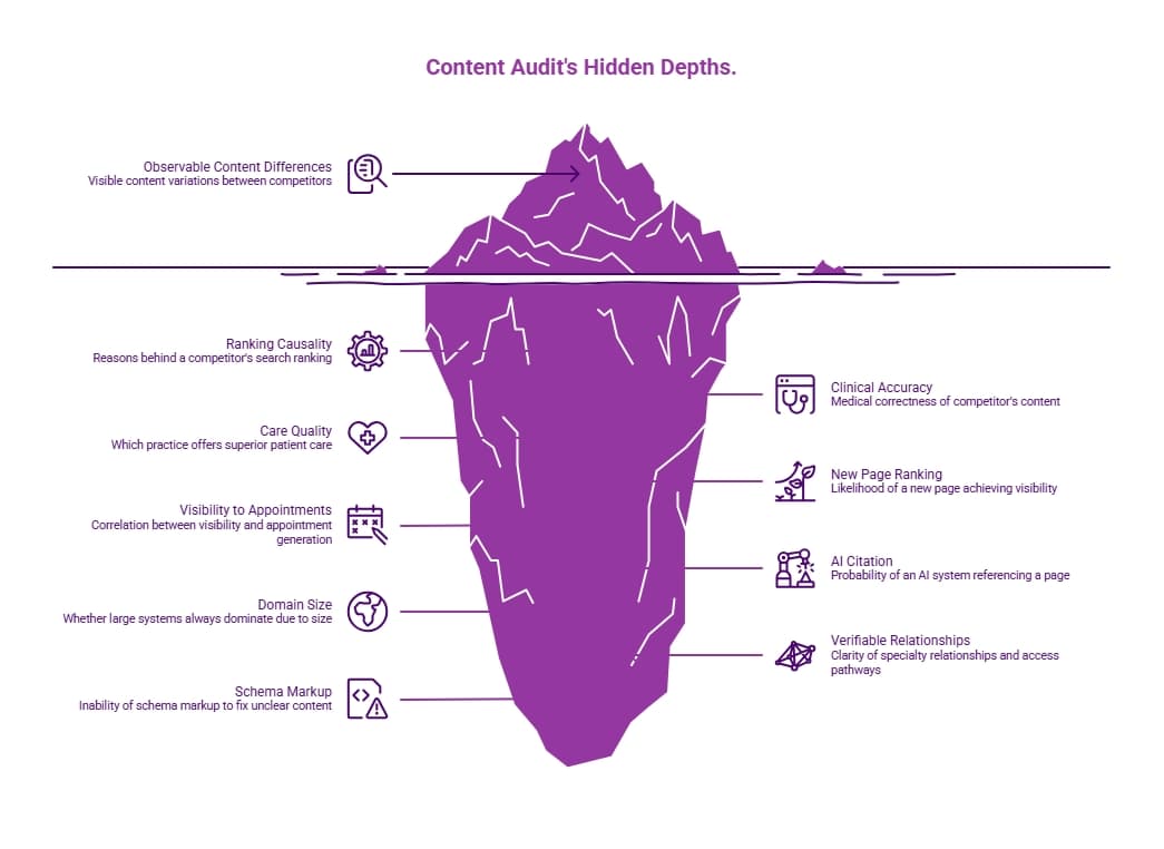 Purple iceberg infographic showing hidden depths of content audits, including observable differences, ranking causality, clinical accuracy, AI citations, schema limits, and relationships.