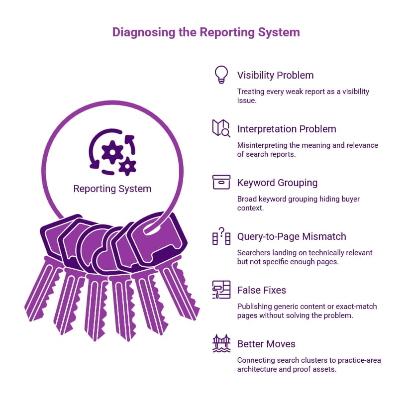 Purple infographic titled “Diagnosing the Reporting System,” showing keys and icons for visibility, interpretation, keyword grouping, page mismatch, false fixes, and better moves.