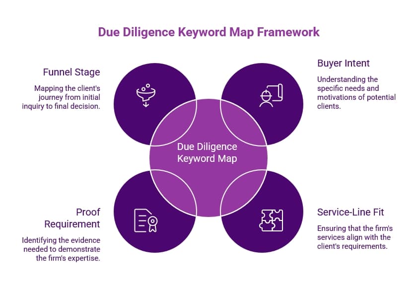 Purple infographic titled “Due Diligence Keyword Map Framework,” showing a four-part keyword map built around funnel stage, buyer intent, proof requirements, and service-line fit.