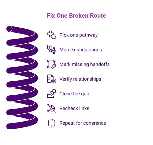 Purple broken-route infographic showing steps to repair a content pathway by selecting a route, mapping pages, verifying relationships, closing gaps, and rechecking links.