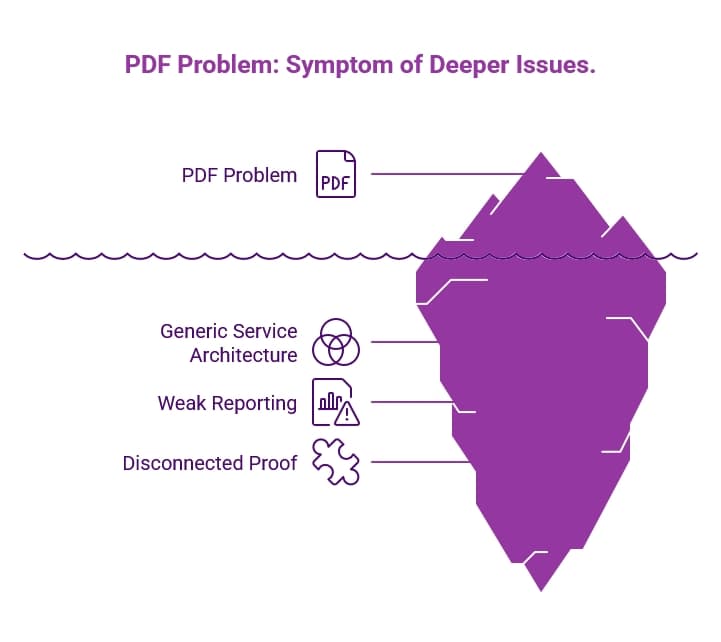 Purple iceberg infographic titled “PDF Problem: Symptom of Deeper Issues,” showing PDF issues above the surface and deeper problems like generic service architecture, weak reporting, and disconnected proof.