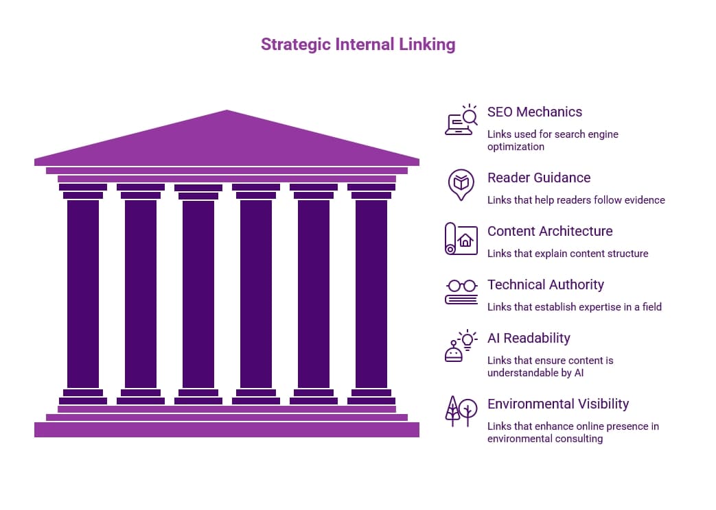 Purple infographic titled “Strategic Internal Linking,” showing a pillar structure and link types for SEO mechanics, reader guidance, content architecture, technical authority, AI readability, and environmental visibility.
