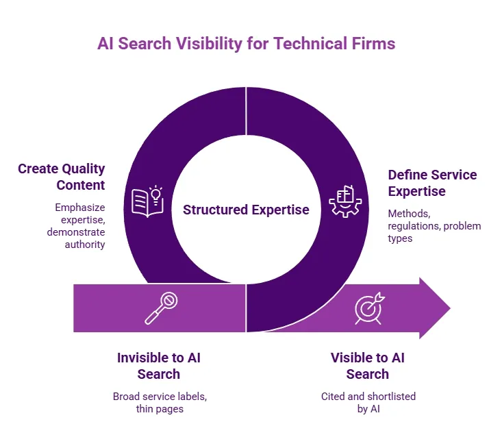 Diagram showing AI search visibility for technical firms, moving from invisible broad service pages to structured expertise, quality content, and clear service definition.