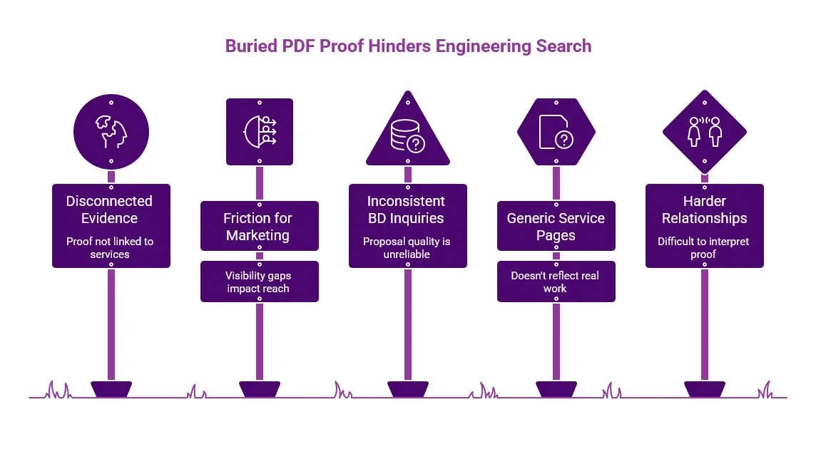 Purple infographic titled “Buried PDF Proof Hinders Engineering Search,” showing disconnected evidence, marketing friction, inconsistent BD inquiries, generic service pages, and harder relationships.