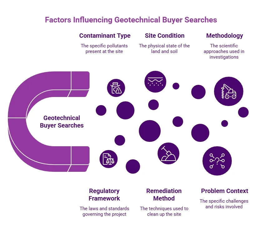 Diagram showing factors shaping geotechnical buyer searches, including contaminant type, site condition, methodology, regulations, remediation method, and context.