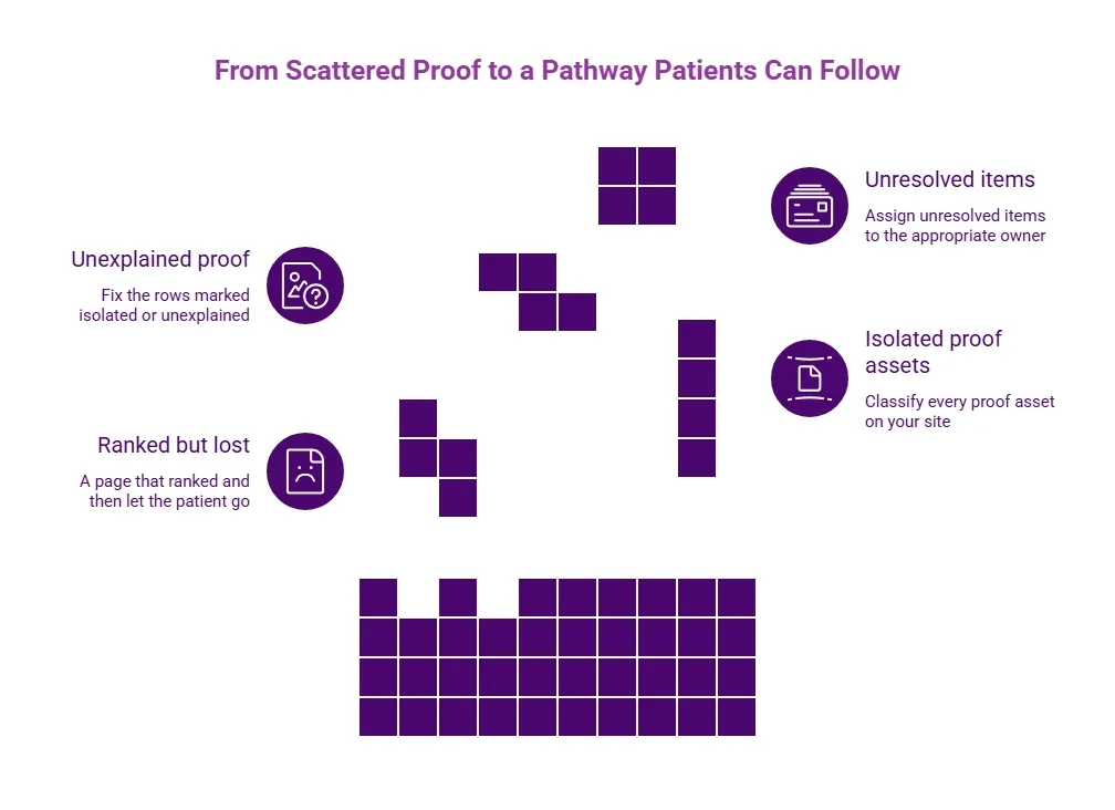Purple content-pathway infographic showing how scattered proof, unresolved items, isolated assets, and lost ranking opportunities can be organized into a clearer patient journey.