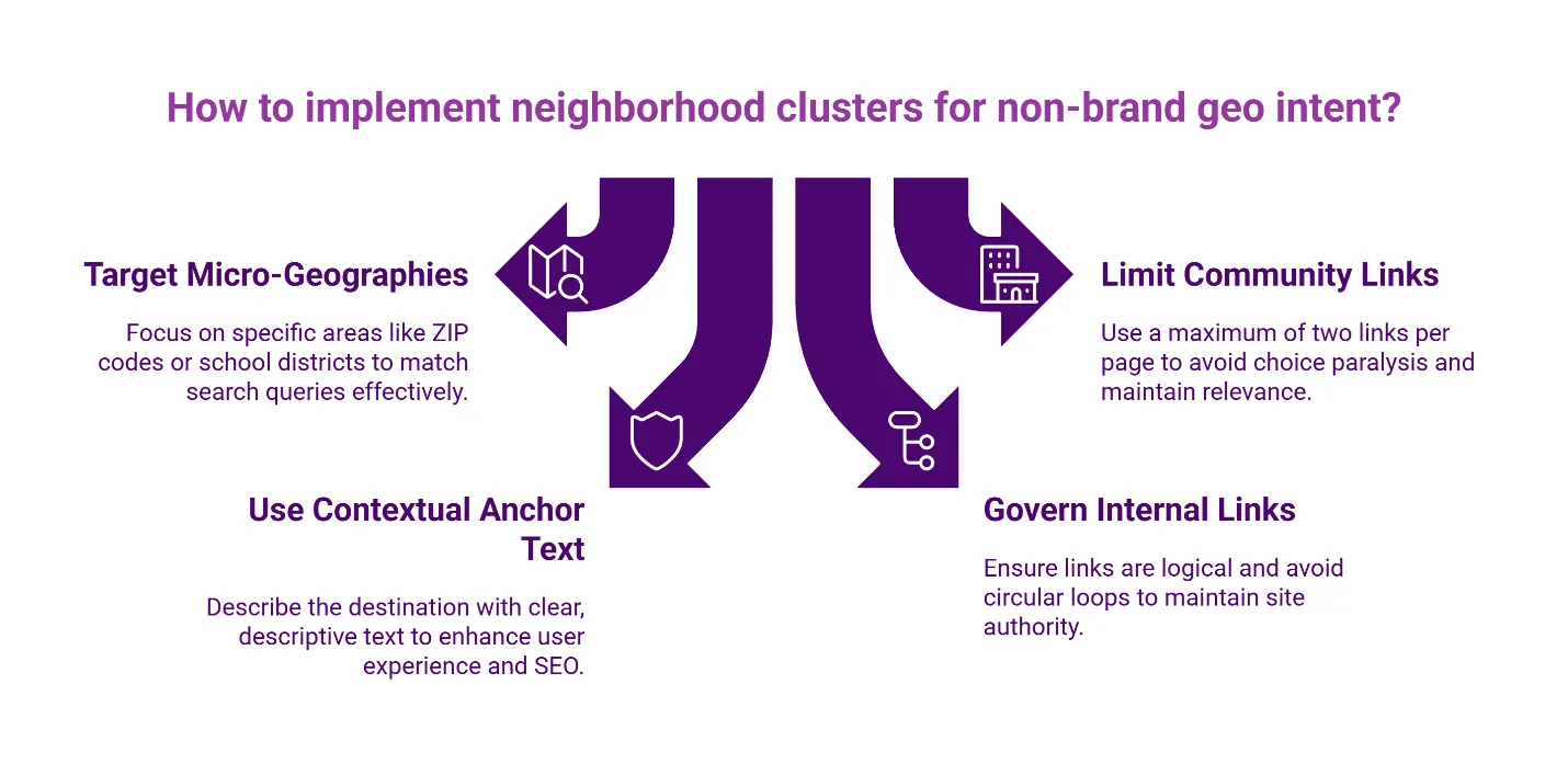 Infographic on implementing neighborhood clusters for non-brand geo intent with four SEO strategies.