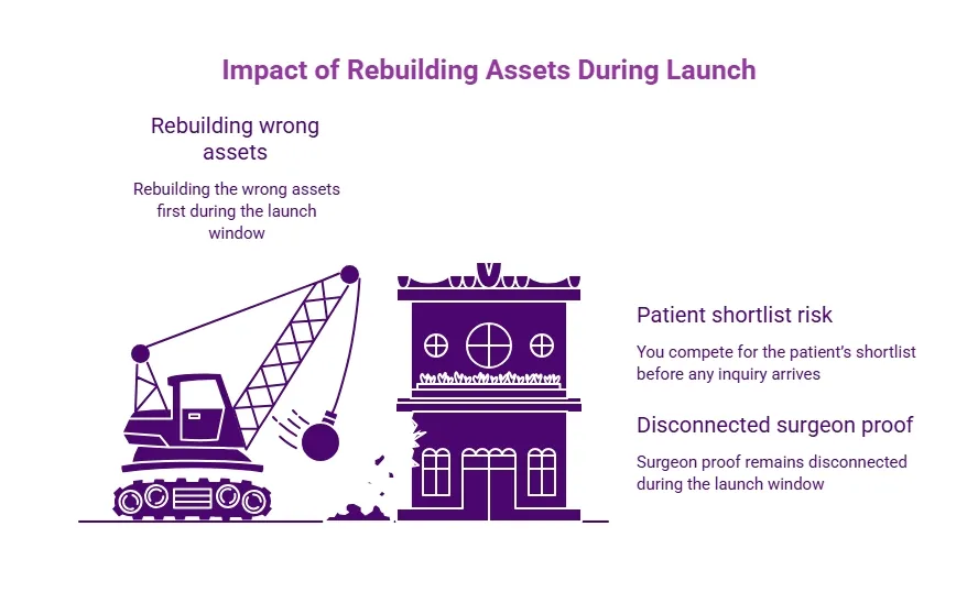 Purple launch-risk infographic showing how rebuilding the wrong assets can weaken patient shortlisting and leave surgeon proof disconnected during a practice launch.