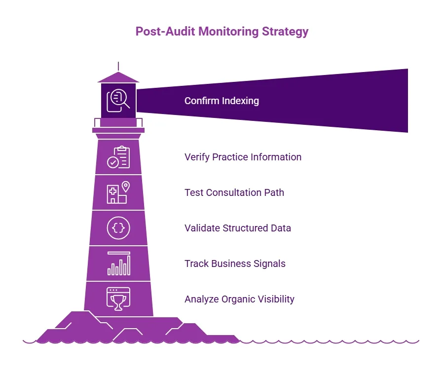 Purple lighthouse infographic showing a post-audit monitoring strategy covering indexing, practice information, consultation paths, structured data, business signals, and organic visibility.