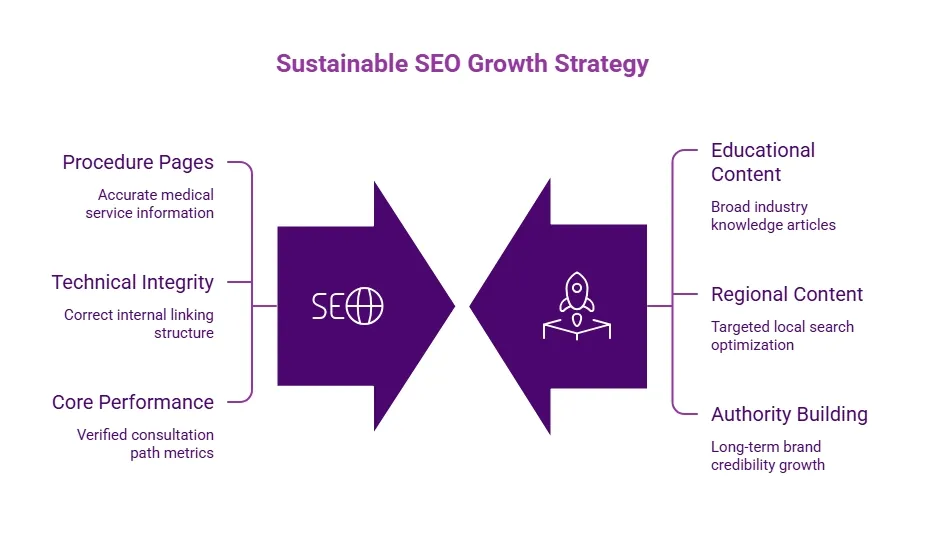 Purple priority procedure page infographic showing launch priorities, patient research, page depth, surgeon links, confirmed services, and avoidance of thin placeholder content.