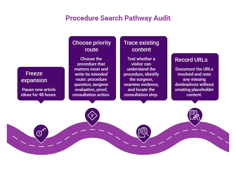 Purple audit infographic showing a procedure search pathway review through freezing expansion, choosing a priority route, tracing existing content, and recording URLs.