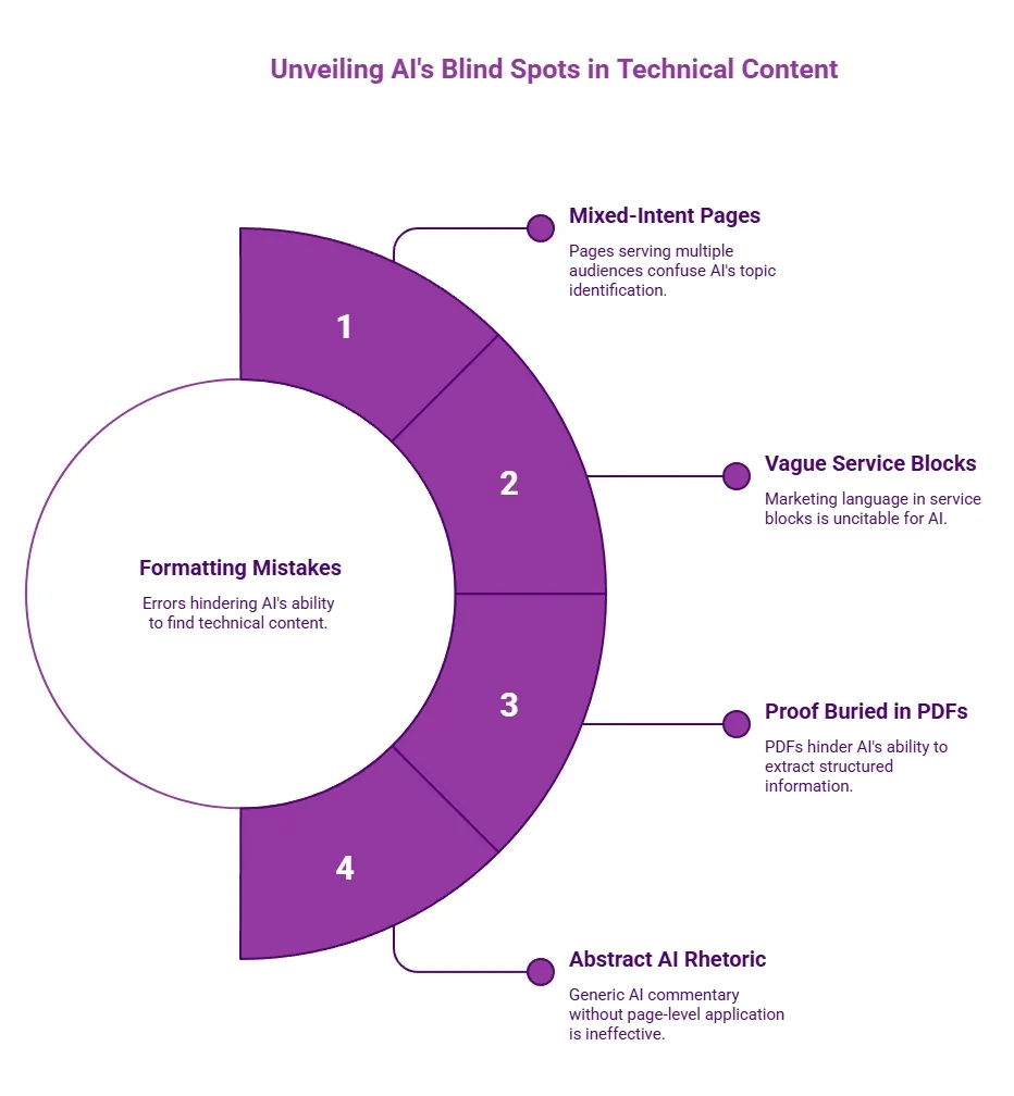 Donut chart showing AI blind spots in technical content: mixed-intent pages, vague service blocks, buried proof in PDFs, abstract AI rhetoric, and formatting mistakes.